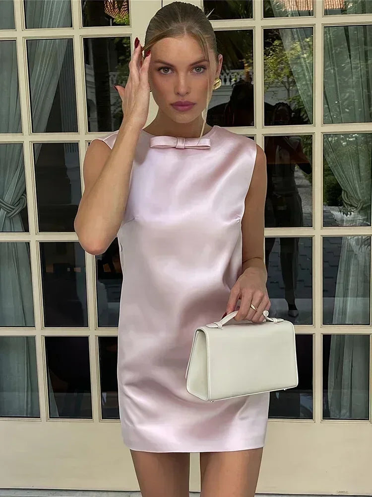 Satin Deep V-Back Bow Detail Wide Strap Shift Cocktail Mini Dress
