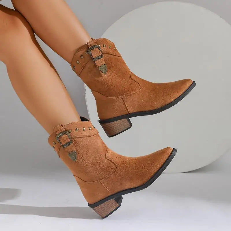 Suede Look Studded Buckle Western Block Heel Ankle Boots