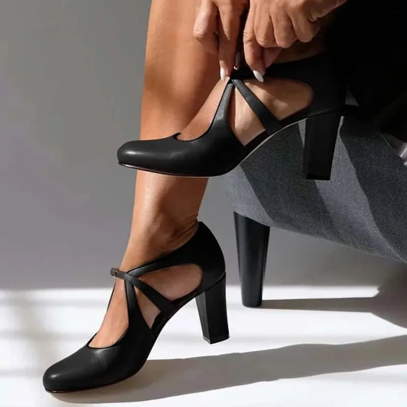 Round Toe Cross Strap Cut Out Block Heel Mary Jane Pumps