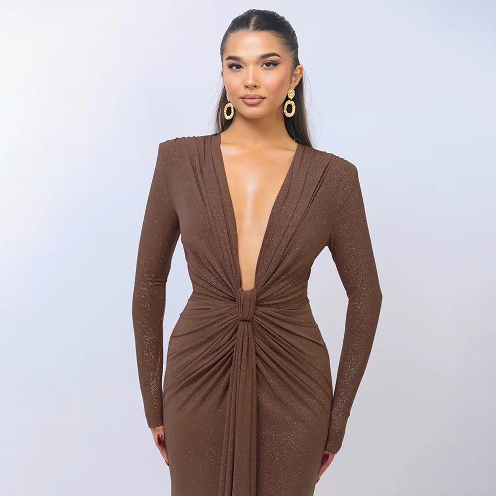 Elastic Deep V - Fold Lace Maxi Dress 31