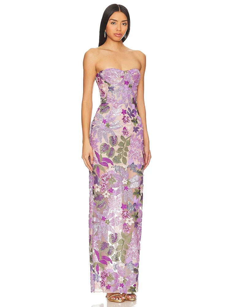 Sequin Floral - Embellished Lavender Strapless Dress
