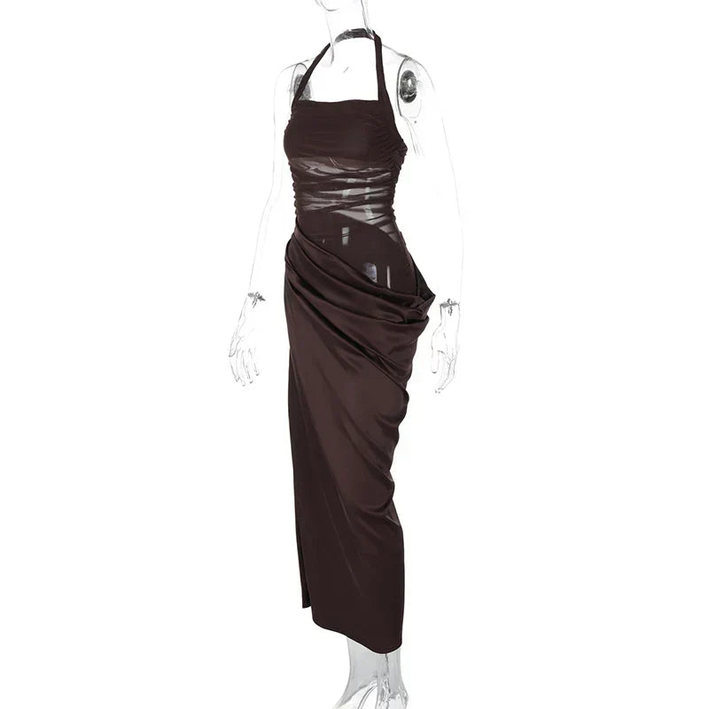 Mesh Halter Neck Backless Ruched Bodycon Maxi Dress