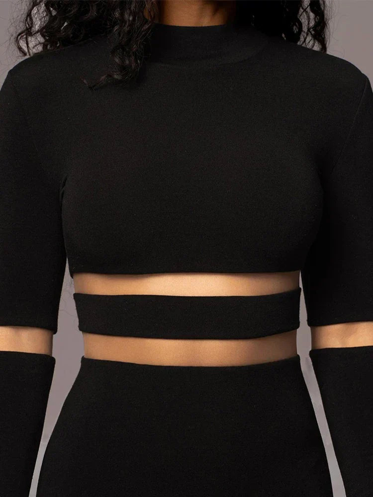 Mesh Panel Mock Neck Elbow Cut Out Long Sleeve Bodycon Midi Dress