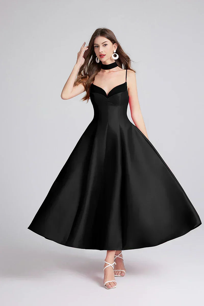 Satin Sweetheart Spaghetti Strap Fit and Flare Midi Dress