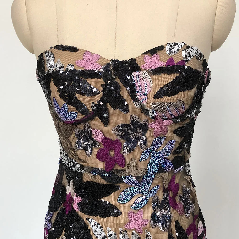 Sequin Floral Strapless Sweetheart Bodycon Maxi Dress