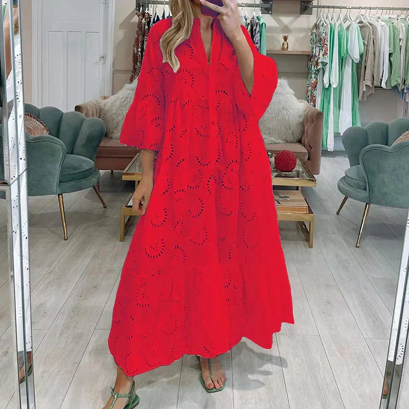 Lace Eyelet Bell Sleeve Button Front Tiered Ruffle Maxi Dress