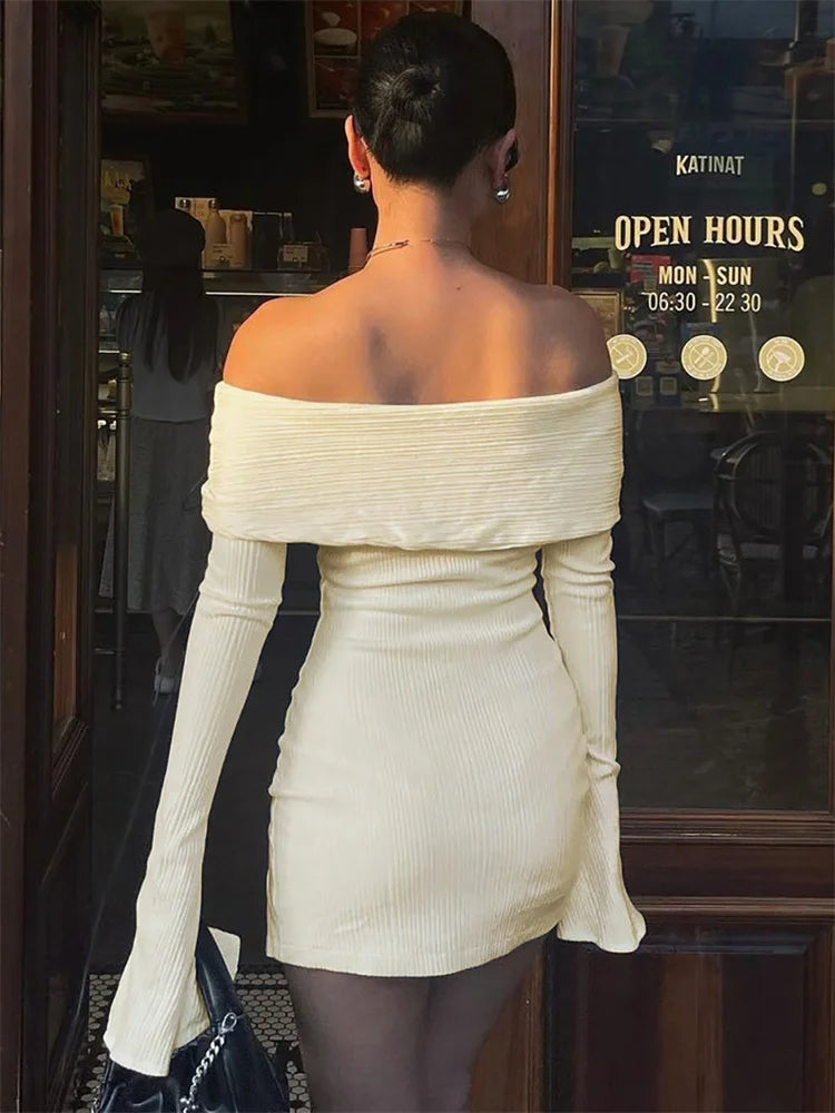 Knit Off Shoulder Long Sleeve High Split Bodycon Mini Dress