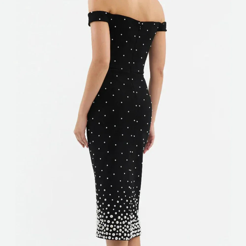 Pearl Trim Off Shoulder V Notch Beaded Gradient Hem Bodycon Midi Dress