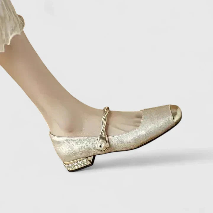 Square Toe Metallic Cap Twist Strap Mary Jane Flats