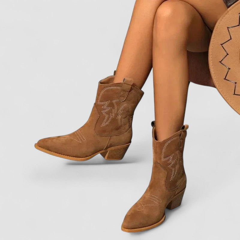 Embroidered Block Heel Western Ankle Boots