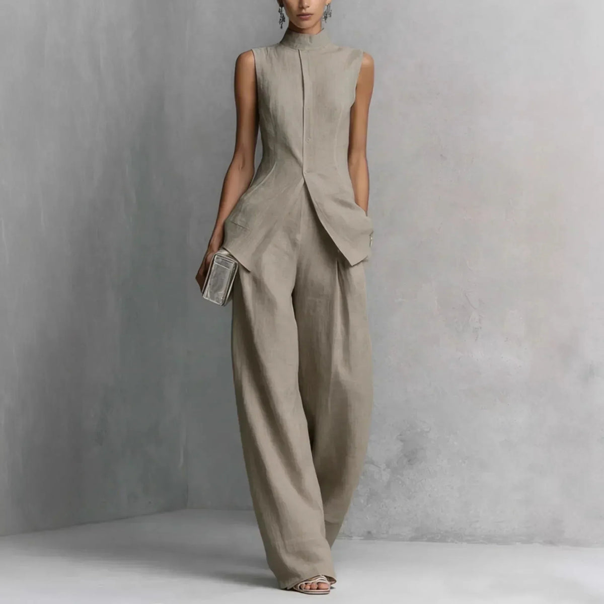 Sleeveless Mock Neck Top and Wide Leg Pants Two Piece Set