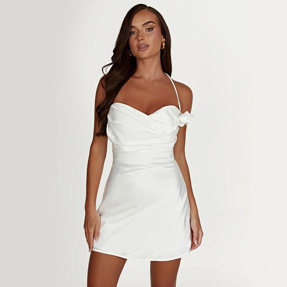 Satin Halter Neck Backless Floral Applique Mini Dress
