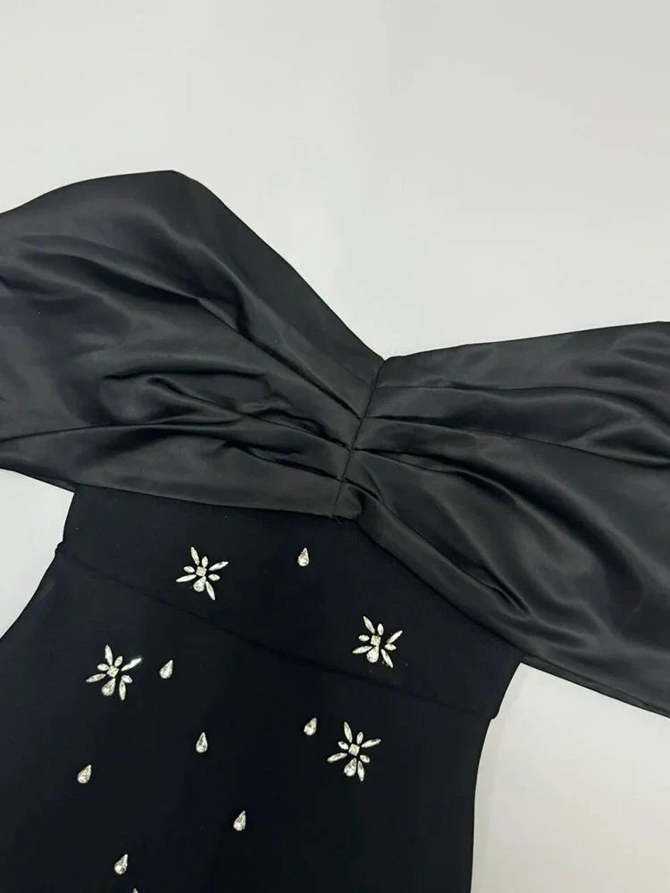 Off Shoulder Satin Bow Rhinestone Embellished Bodycon Midi Dress
