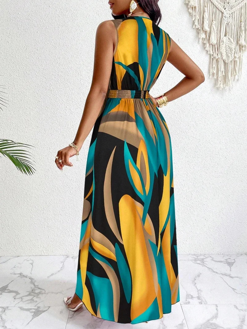 V-Neck Sleeveless Abstract Print Maxi Dress 2