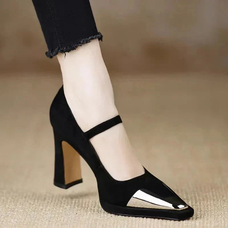 Pointed Toe Metal Cap Ankle Strap Block Heel Pumps