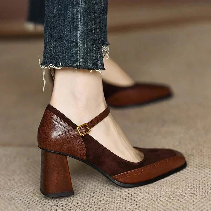 Square Toe Ankle Strap Block Heel Mary Jane Pumps