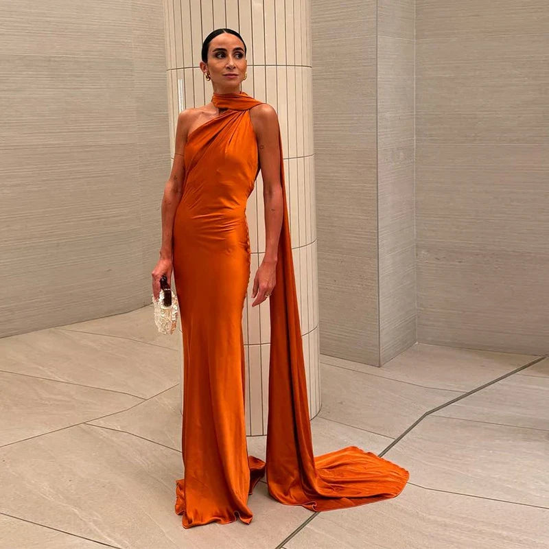 Satin Halter Neck Asymmetric Draped Sash Floor Length Gown