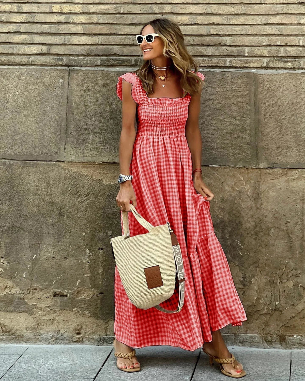 Gingham Square Neck Smocked Ruffle Strap Tiered Maxi Dress
