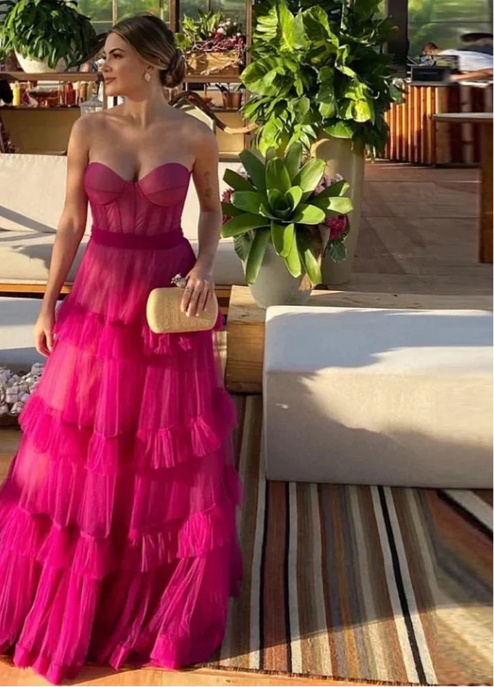 Strapless Sweetheart Corset Tiered Ruffle Tulle Maxi Gown