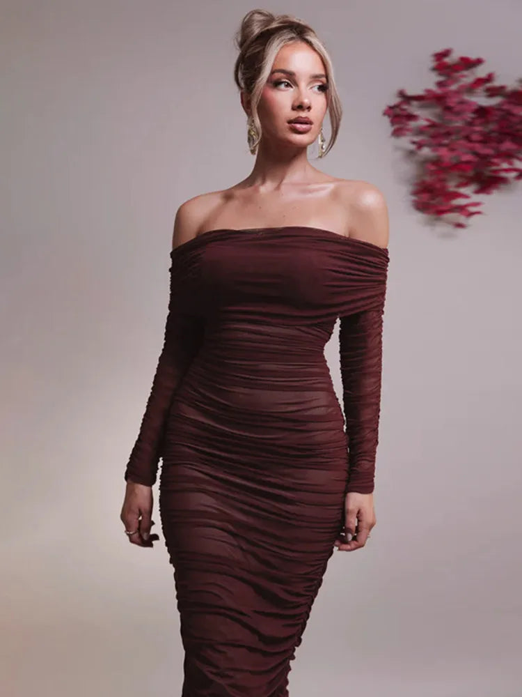 Off - shoulder Slash Neck Solid Maxi Dress