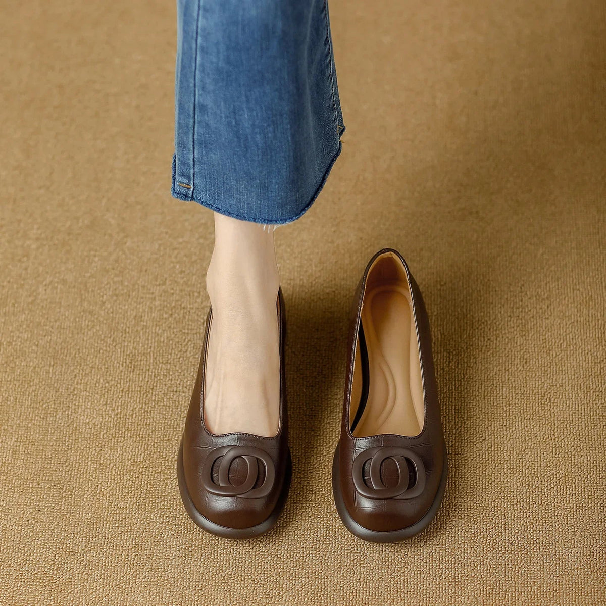 Round Toe Slip On Buckle Block Heel Pumps