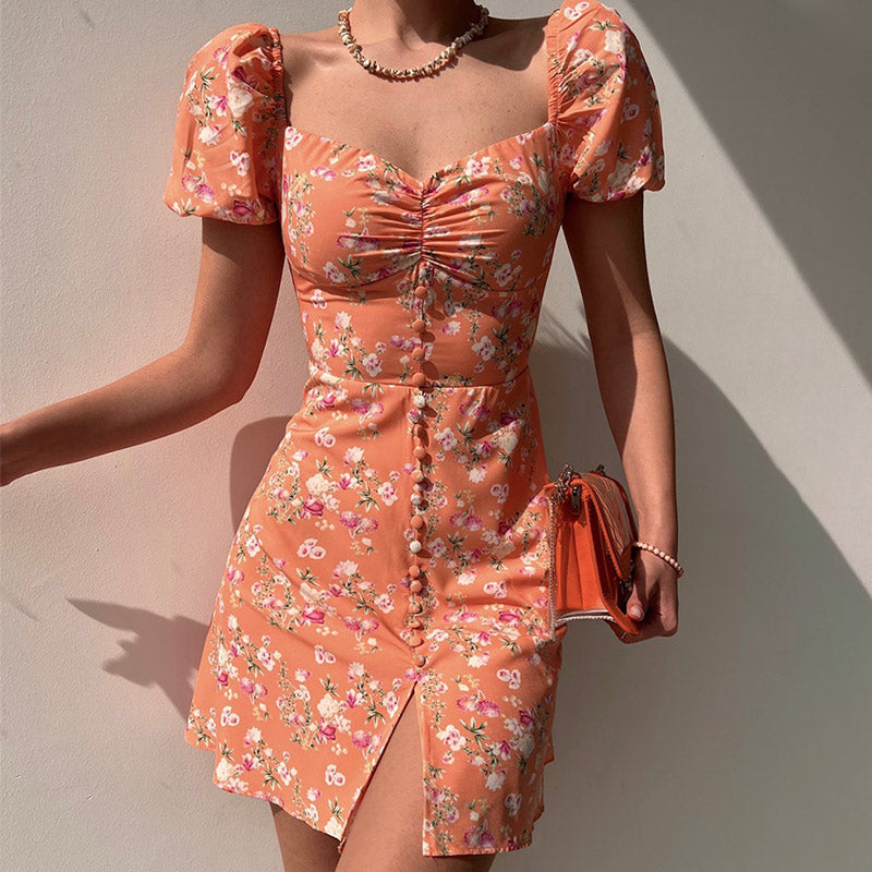 Waist Arm A-Line Puff Women’s V-Neck High Flowered Dress S / Green Dresses