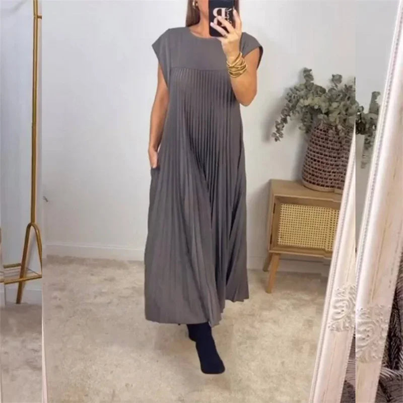 Sleeveless Crew Neck Accordion Pleat A-Line Maxi Dress