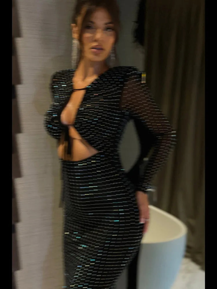 Rhinestone Plunge Long Sleeve Cut Out Bodycon Midi Dress