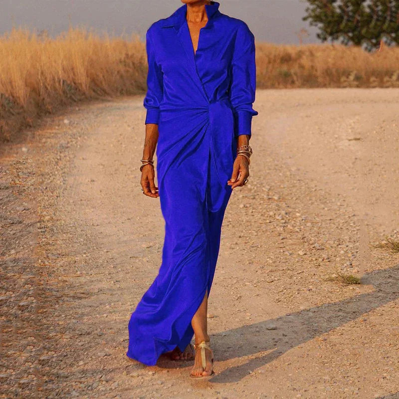 Satin Shirt Collar Deep V-Neck Long Sleeve Knotted Wrap Maxi Dress
