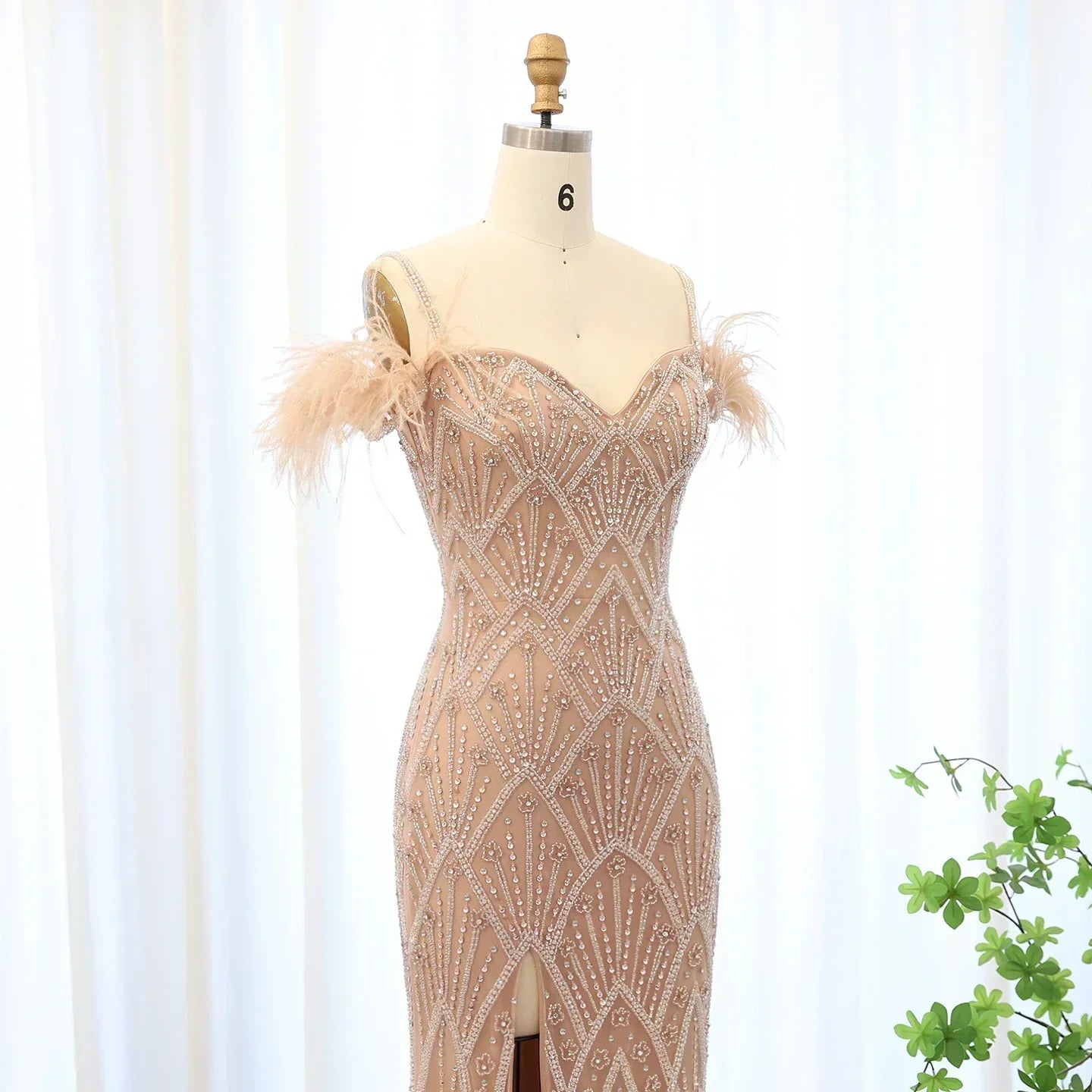 Sequin Off Shoulder Feather Trim Mermaid Maxi Gown