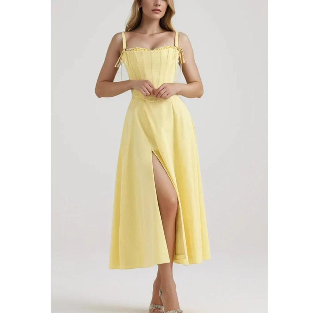 Corset Tie Shoulder Square Neck Ruffle High Split Midi Dress