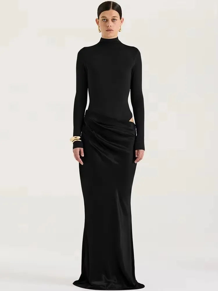 PAULINA SATIN ONE SHOULDER DRESS Black Long Sleeve