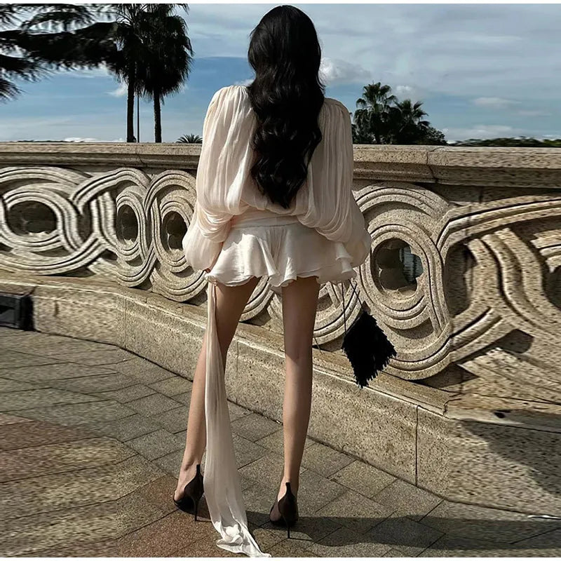 Pleated Chiffon Tie Neck Lantern Sleeve Sash Waist Ruffle Mini Dress 21