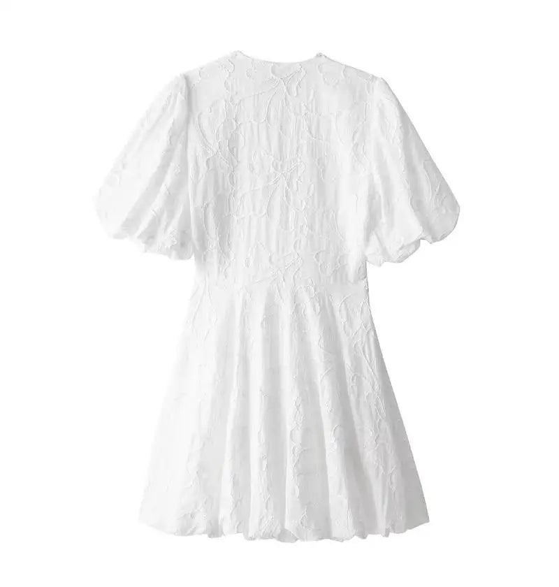 Floral Emboss Puff Sleeve Deep V-Neck Fit and Flare Mini Dress