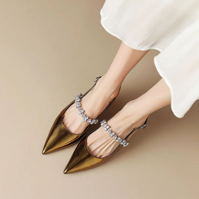 Pointed Toe Rhinestone Strap Kitten Heel Pumps