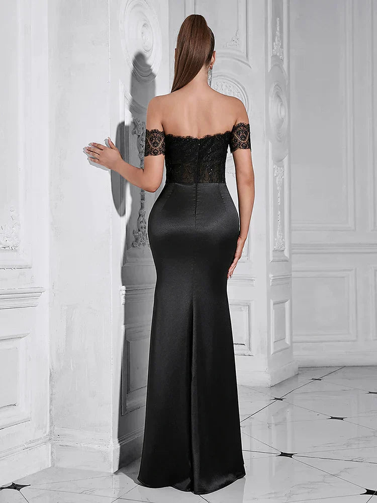 Lace Corset Off Shoulder Sweetheart Ruched Front Maxi Gown