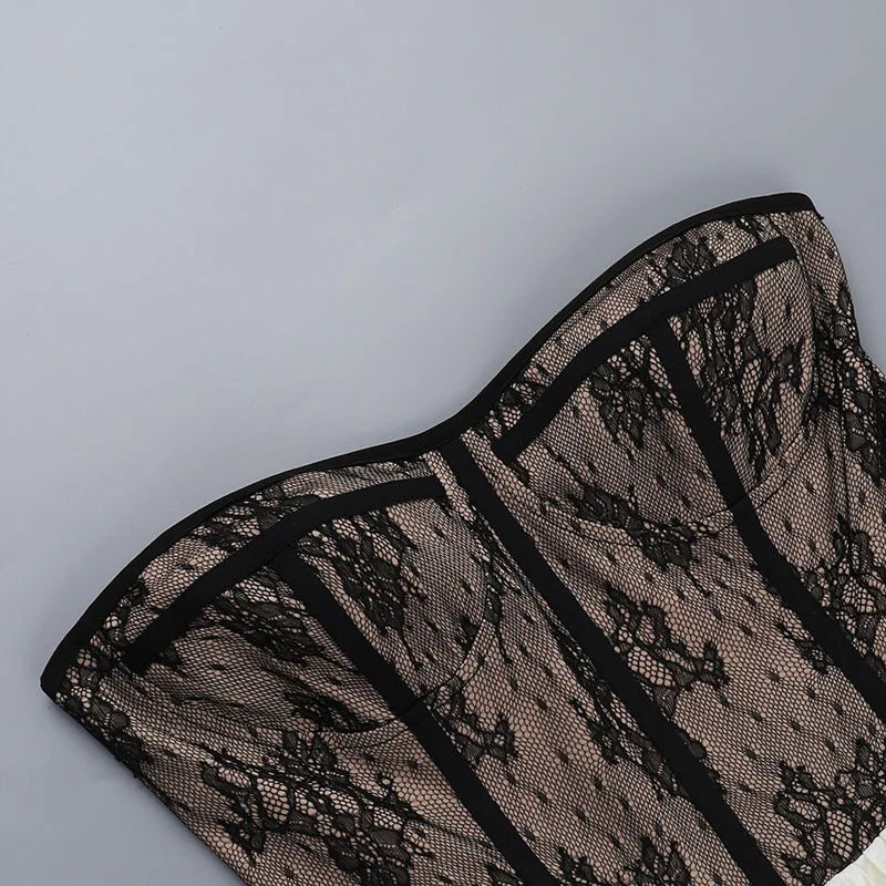Strapless Sheer Lace Corset Bodice Satin Bubble Hem Mini Dress 9