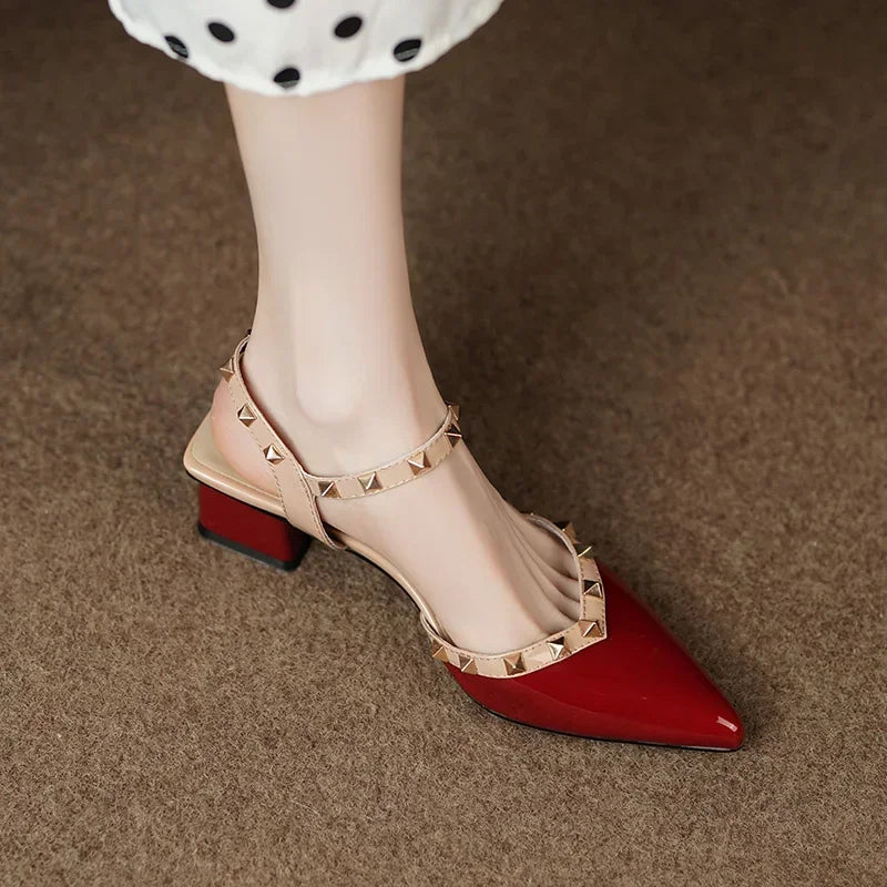 Pointed Toe Studded Slingback Block Heel Pumps
