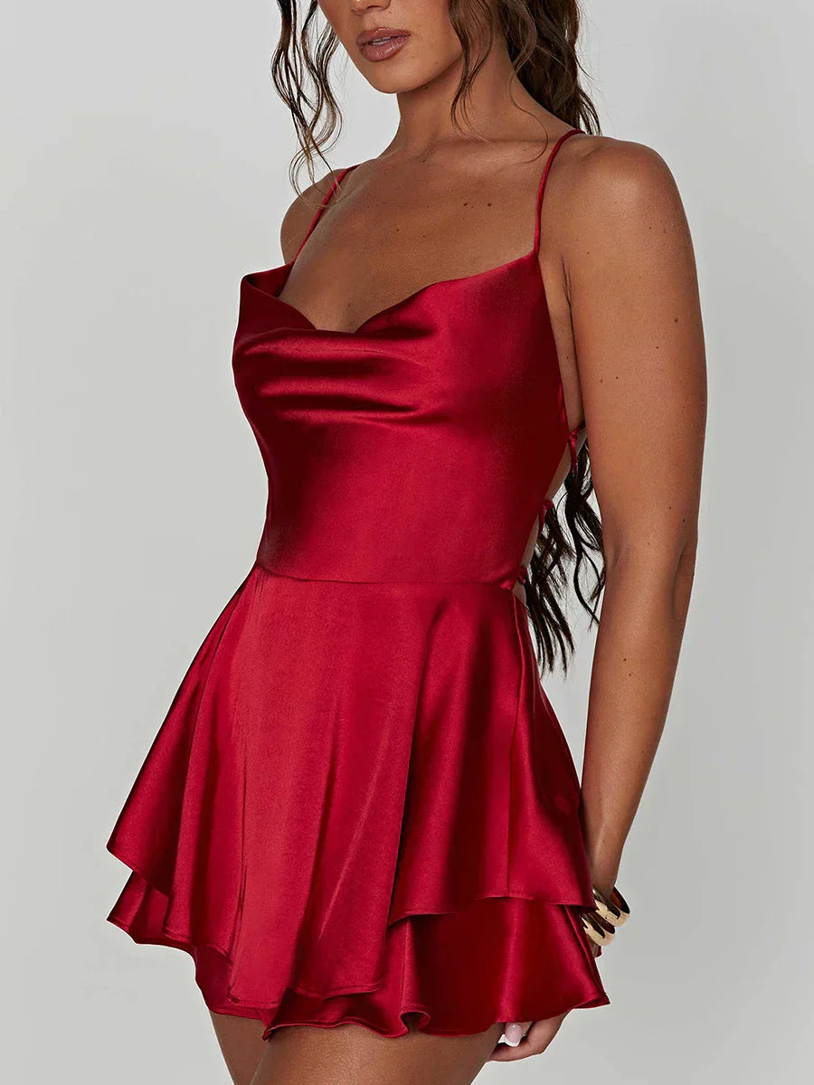 Satin Cowl Neck Tie Back Romper Mini Dress - View 5