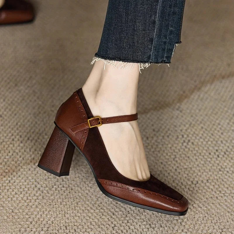 Square Toe Ankle Strap Block Heel Mary Jane Pumps