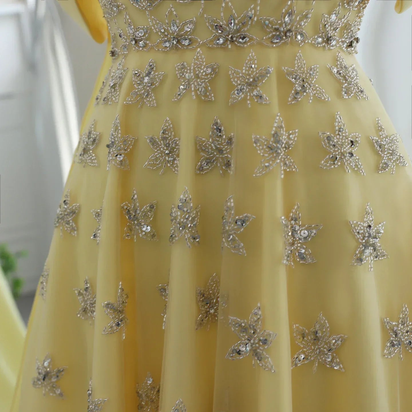 Yellow Satin Evening Gown with Cape