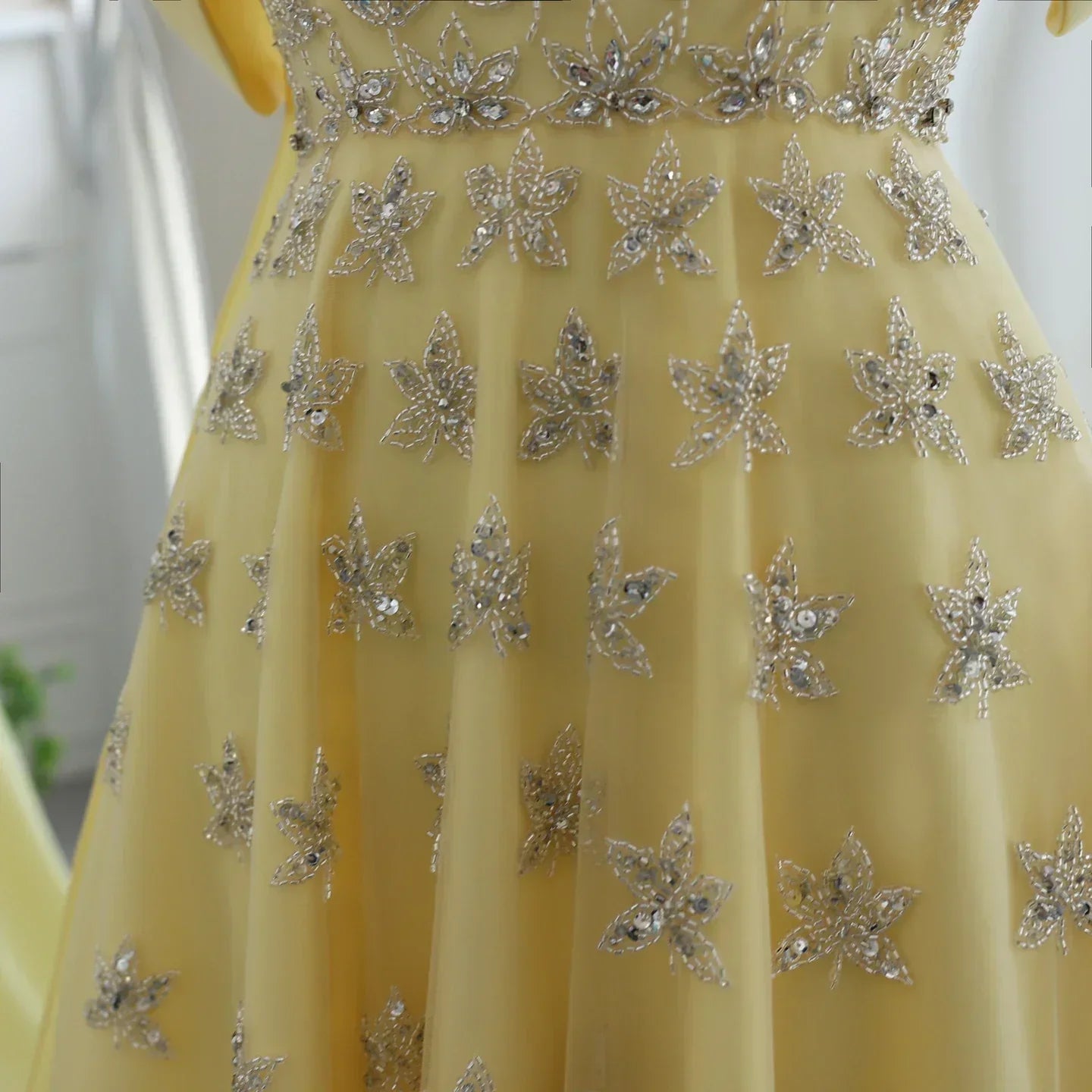 Off Shoulder Rhinestone Floral Beaded Tulle Cape Train A-Line Maxi Gown