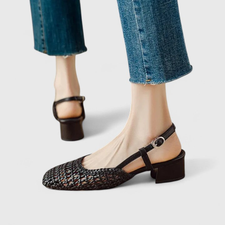 Woven Square Toe Slingback Block Heel Pumps