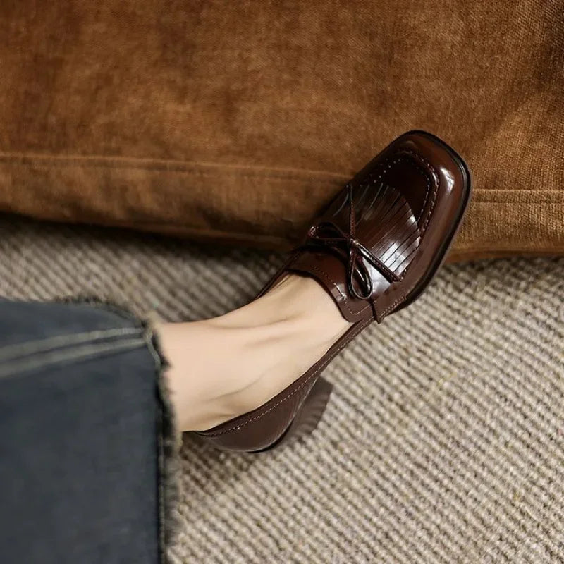 Square Toe Tassel Block Heel Loafer Pumps