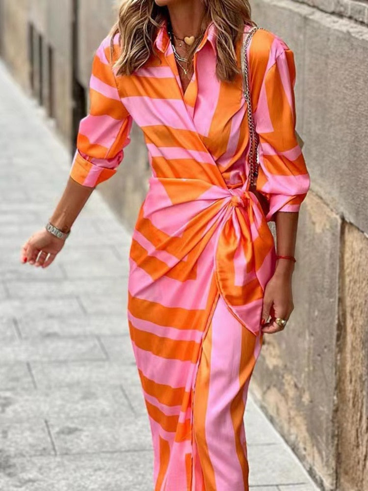 Striped Collared Long Sleeve Wrap Maxi Dress