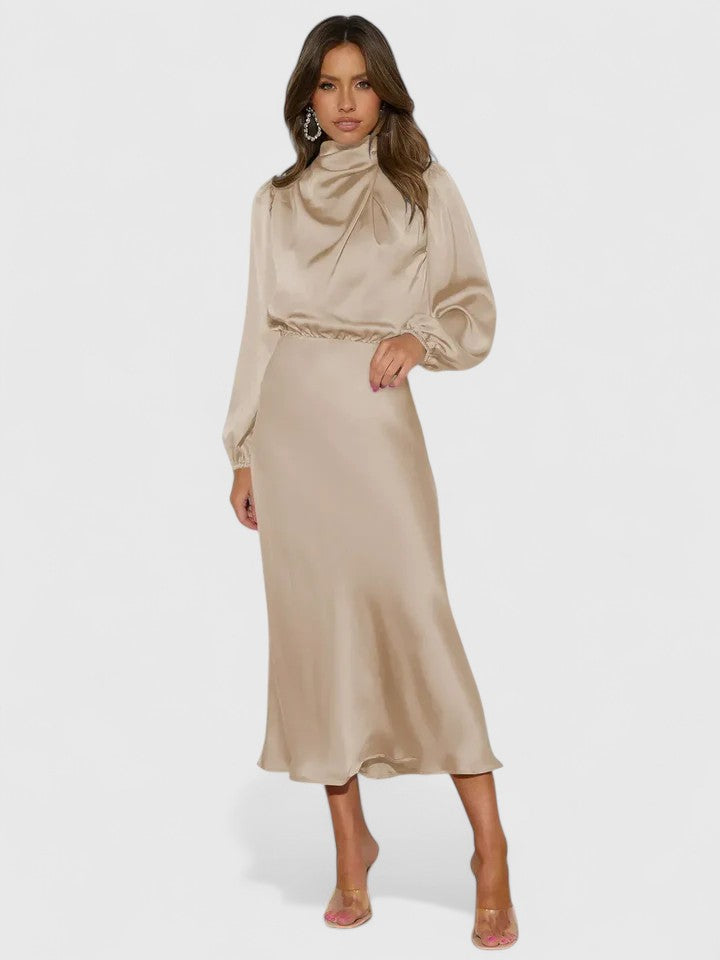 Satin High Neck Long Sleeve Blouson Midi Dress