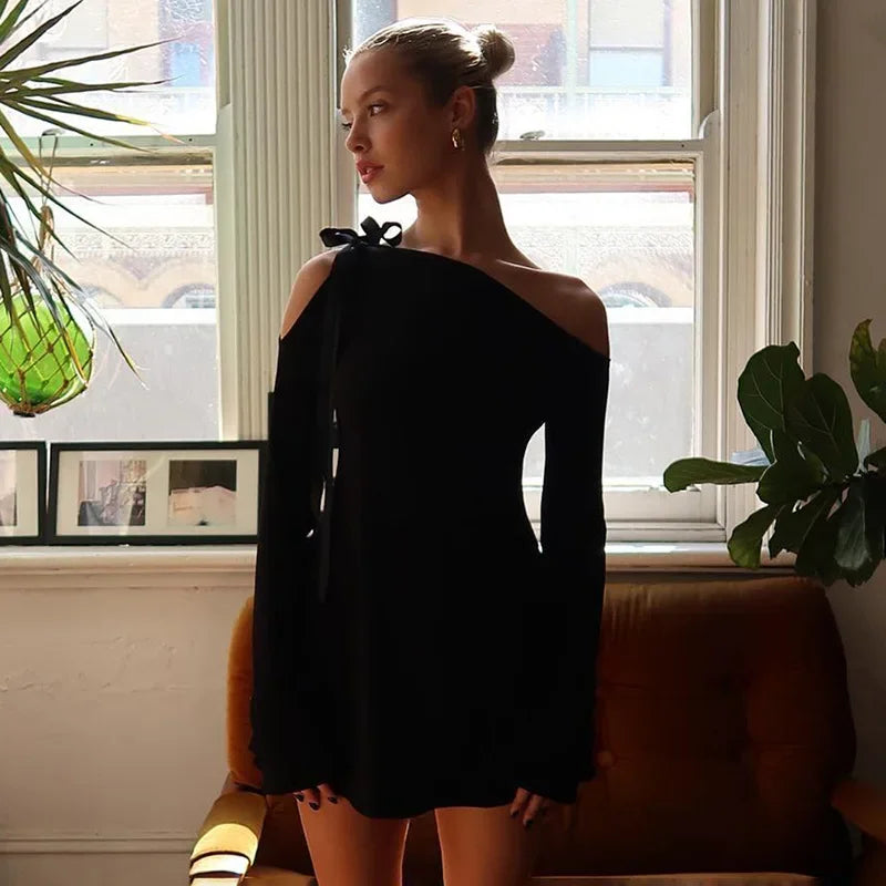 Asymmetric Off Shoulder Long Sleeve Ribbon Tie A-Line Mini Dress 4