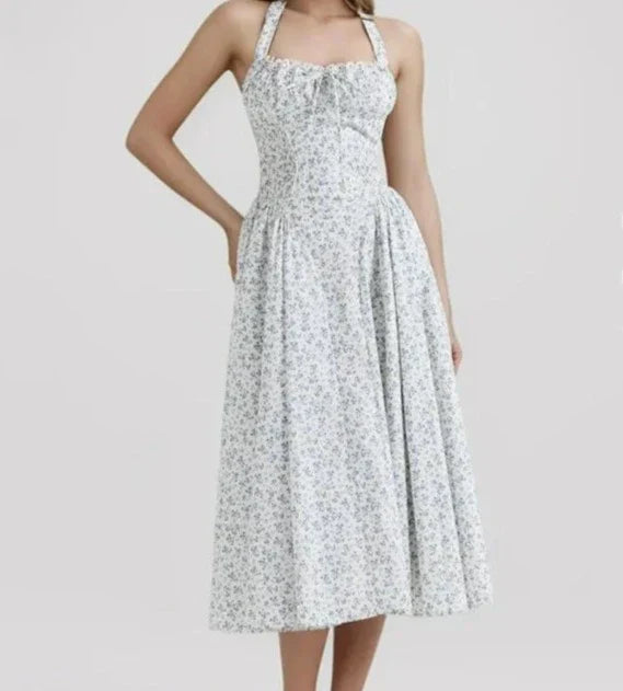 Floral Bow Halter Neck Lacing Up Midi Dress