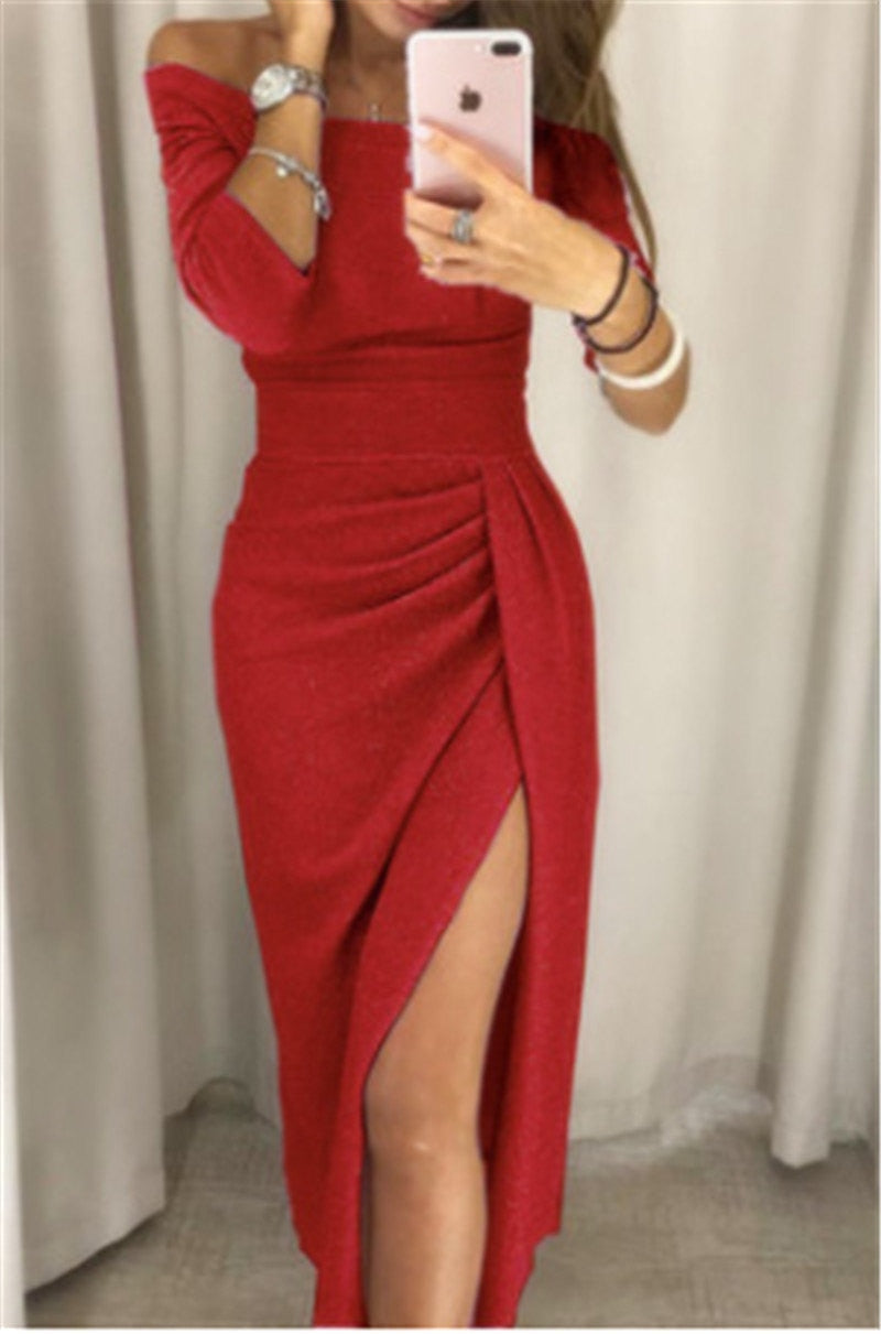 Glitter Off Shoulder Three Quarter Sleeve Ruched Wrap High Split Midi Dress