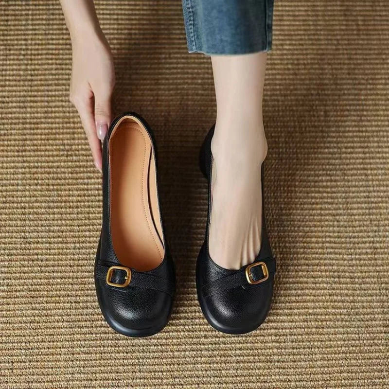 Leather Look Buckle Detail Slip On Block Heel Pumps